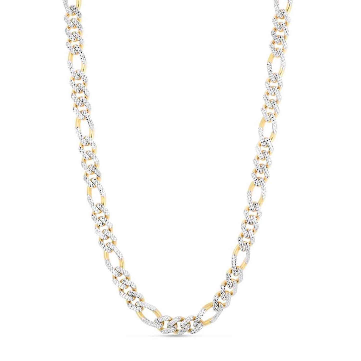 14K Yellow Gold 9.5mm White Pave Modern Lite Figaro Chain Necklace 22"-24"