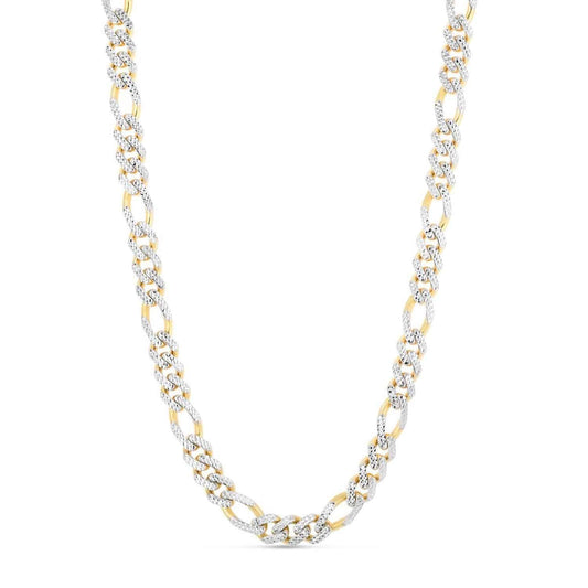 14K Yellow Gold 9.5mm White Pave Modern Lite Figaro Chain Necklace 22"-24"
