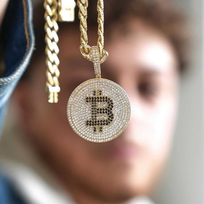 14K Yellow Gold CZ Black Pave Iced Bitcoin Pendant 2.1" - WJD Exclusives