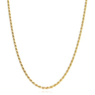 18K Yellow Gold Over Silver 2mm Rope Chain (Solid Links) 16" - 24" - WJD Exclusives