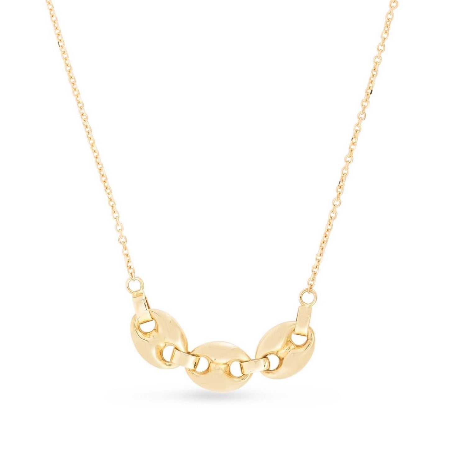 14K Yellow Gold Three Puffed Mariner Links Drop Necklace 16"-18"