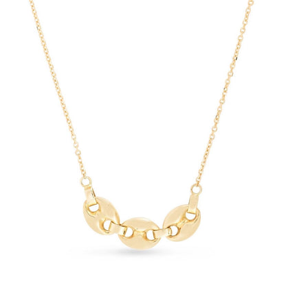14K Yellow Gold Three Puffed Mariner Links Drop Necklace 16"-18"