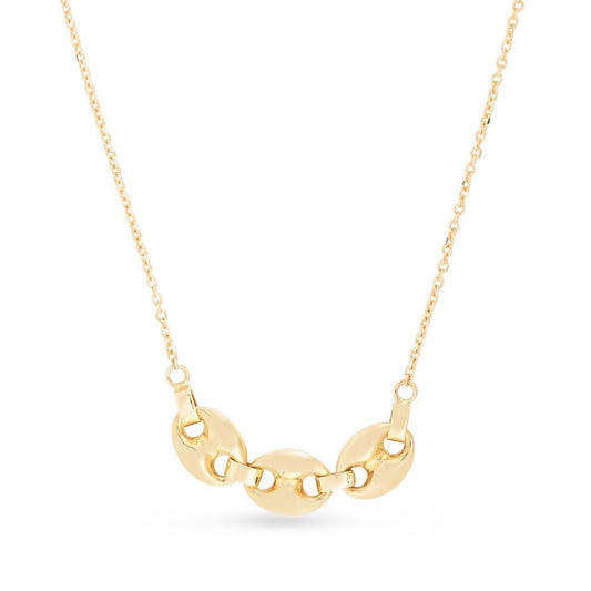 14K Yellow Gold Three Puffed Mariner Links Drop Necklace 16"-18"