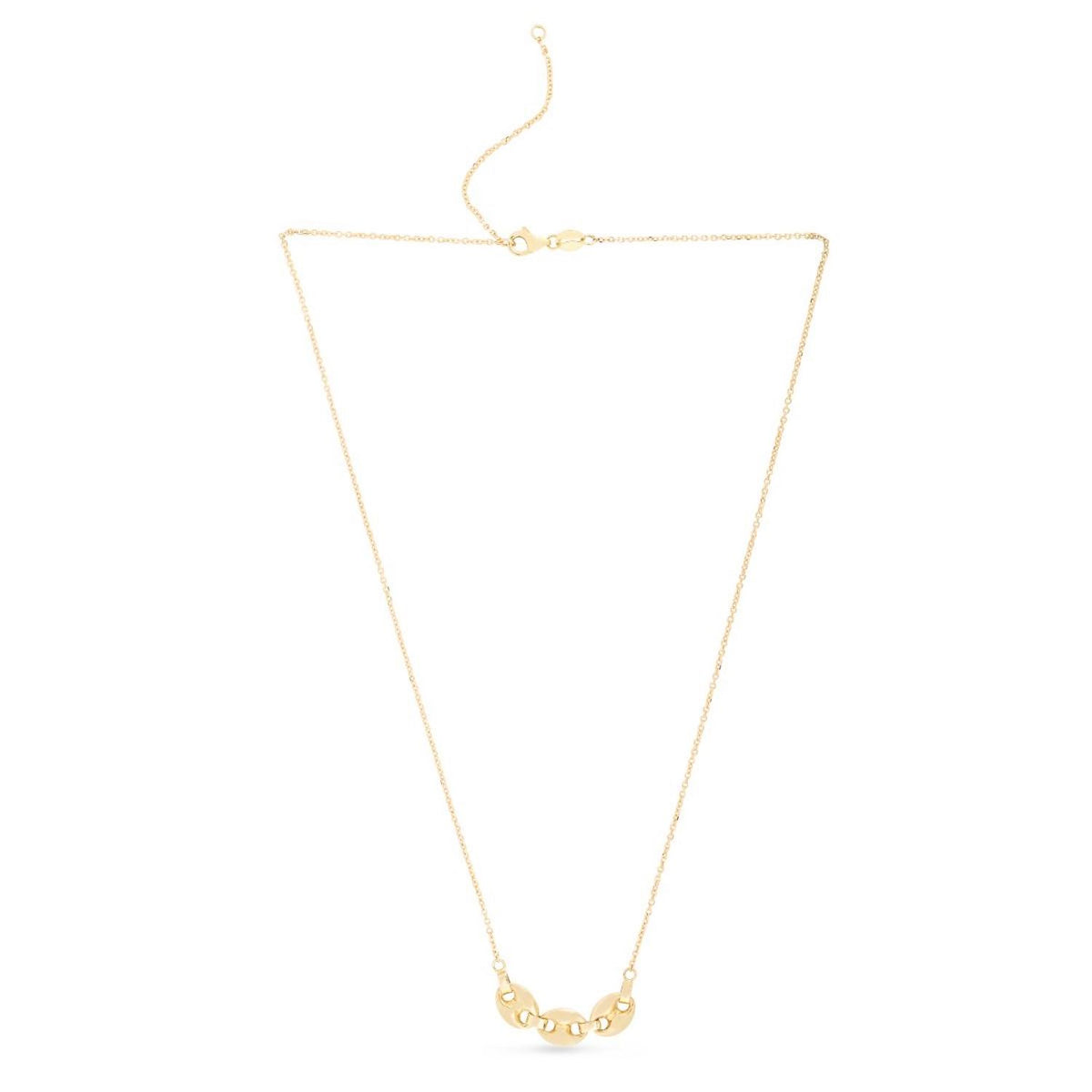 14K Yellow Gold Three Puffed Mariner Links Drop Necklace (Hollow) 16" - 18" - WJD Exclusives