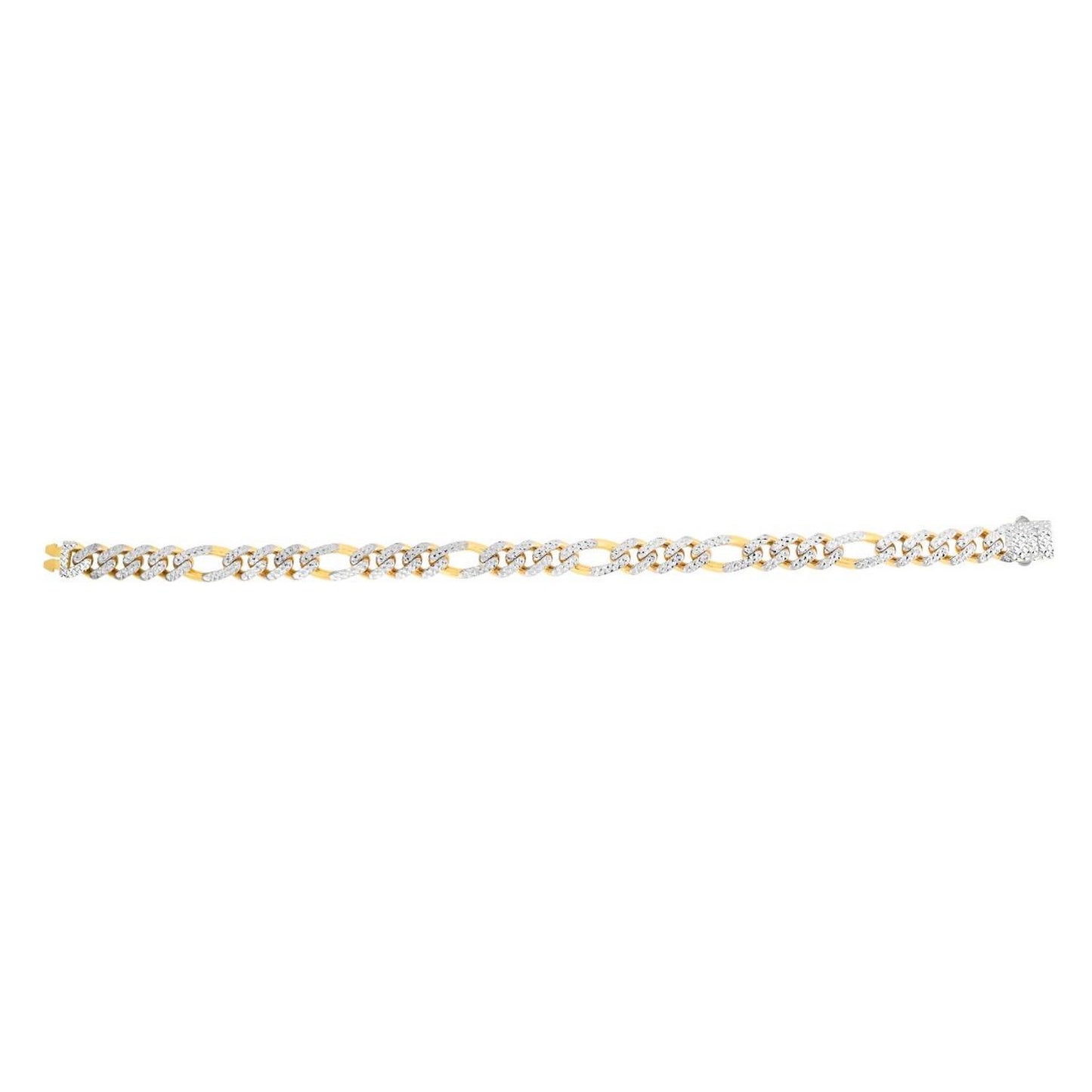 14K Gold Yellow 8mm Diamond-Cut White Pave Modern Lite Figaro Bracelet 8.25"