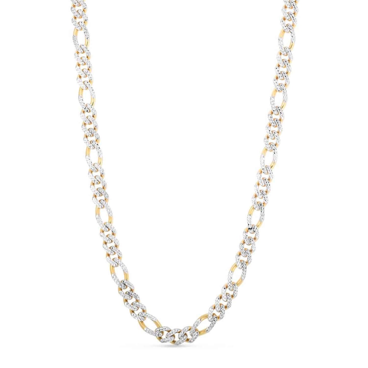 14K Yellow Gold 8mm Diamond-Cut White Pave Modern Lite Figaro Chain Necklace 22"