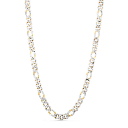 14K Yellow Gold 8mm Diamond-Cut White Pave Modern Lite Figaro Chain Necklace 22"