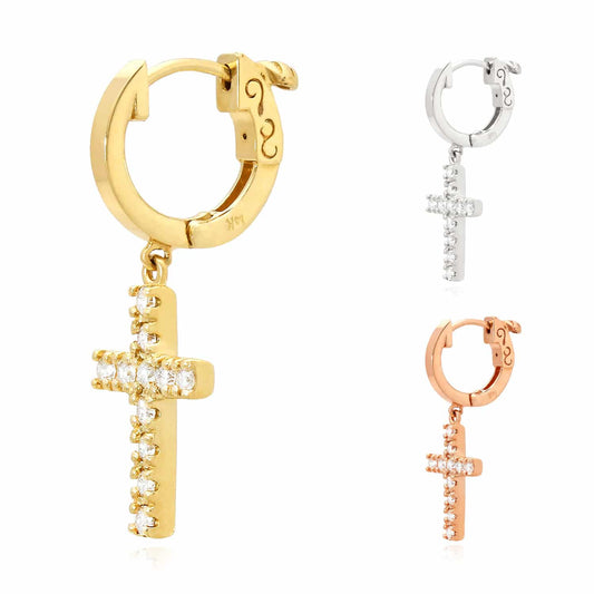 0.35CTW Real Diamond 14K Gold Dangling Cross Hoop Earring 30mm