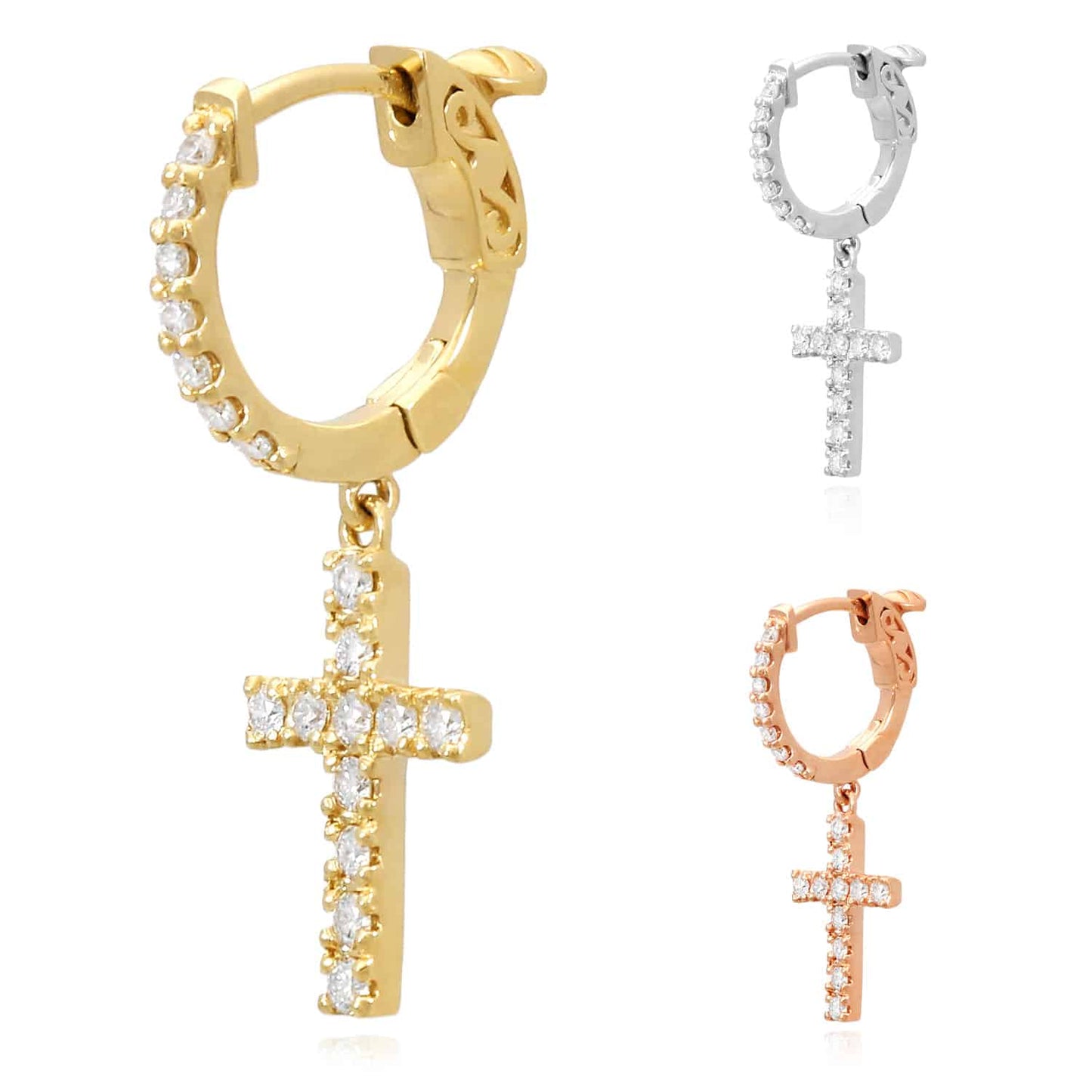 0.33CTW Natural Diamond 14K Gold Dangling Cross Hoop Single Earring 28mm