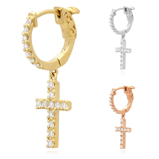 0.33CTW Real Diamond 14K Gold Dangling Cross Hoop Single Earring 28mm
