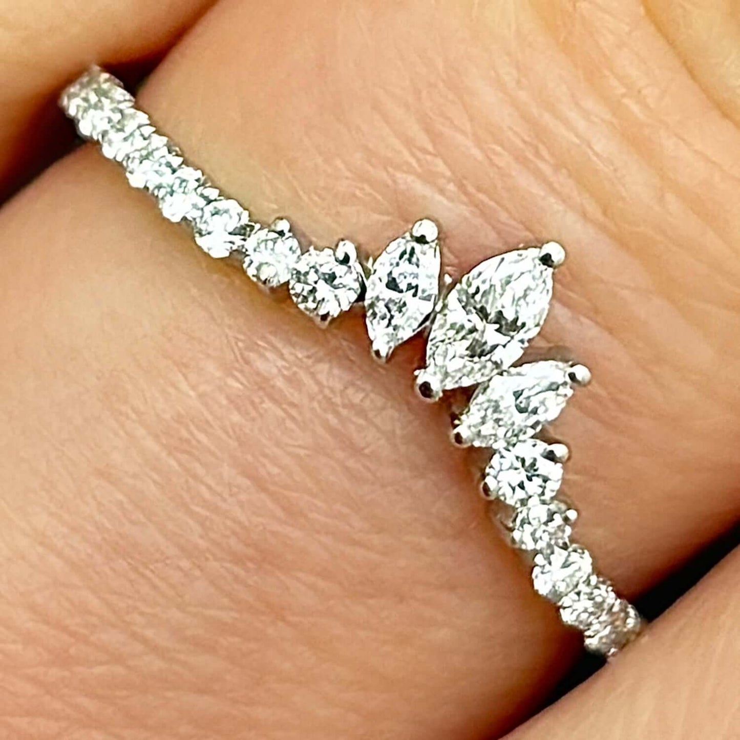 0.35CTW Lab-Grown Diamond Marquise Round 18K Gold White Chevron Ring Band