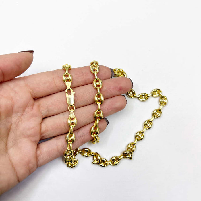 18K Yellow Gold Over Silver 7mm Puffed Anchor Mariner Chain (Solid Links) 16" - 24" - WJD Exclusives