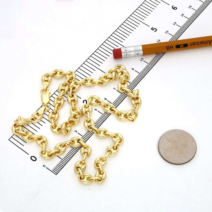 18K Yellow Gold Over Silver 7mm Puffed Anchor Mariner Chain (Solid Links) 16" - 24" - WJD Exclusives