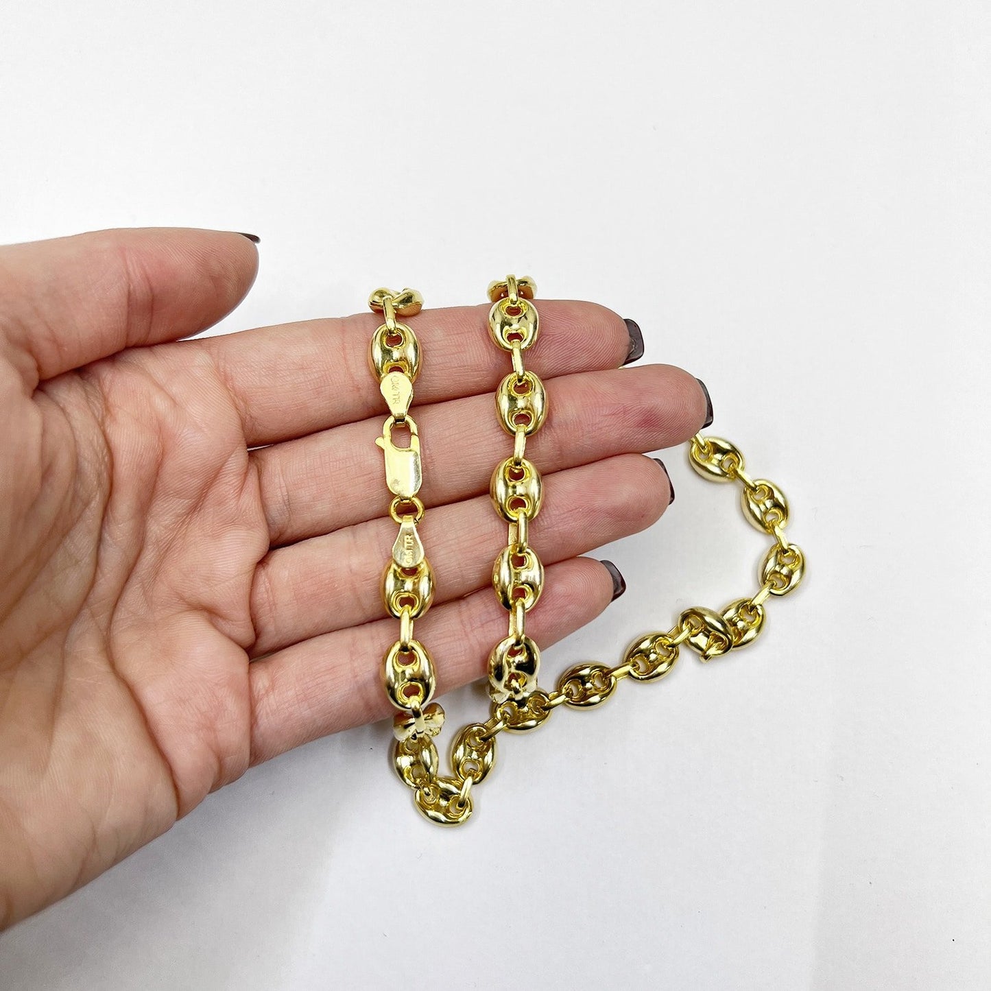 18K Yellow Gold Over Silver 8mm Puffed Anchor Mariner Chain Necklace 16"-24"