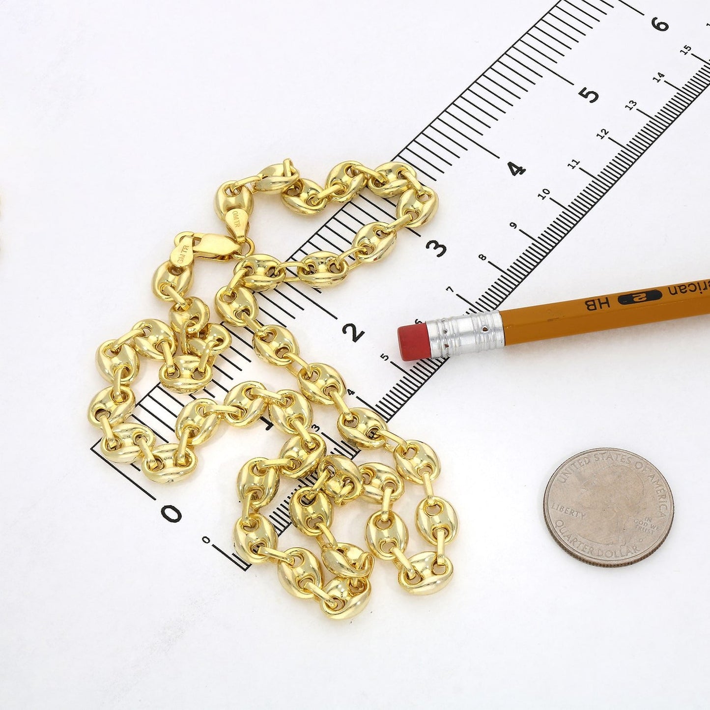 18K Yellow Gold Over Silver 8mm Puffed Anchor Mariner Chain Necklace 16"-24"