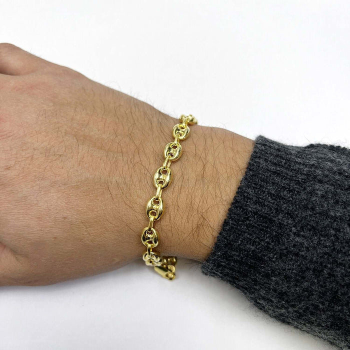 18K Yellow Gold Over Silver 8mm Puffed Anchor Mariner Bracelet (Solid Links) 7.5" - 9.5" - WJD Exclusives
