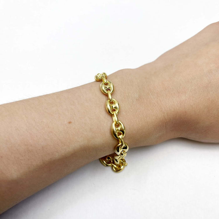 18K Yellow Gold Over Silver 8mm Puffed Anchor Mariner Bracelet (Solid Links) 7.5" - 9.5" - WJD Exclusives
