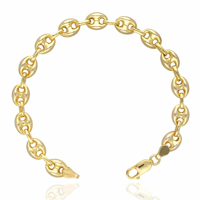 18K Yellow Gold Over Silver 8mm Puffed Anchor Mariner Bracelet (Solid Links) 7.5" - 9.5" - WJD Exclusives