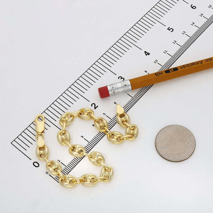 18K Yellow Gold Over Silver 8mm Puffed Anchor Mariner Bracelet (Solid Links) 7.5" - 9.5" - WJD Exclusives