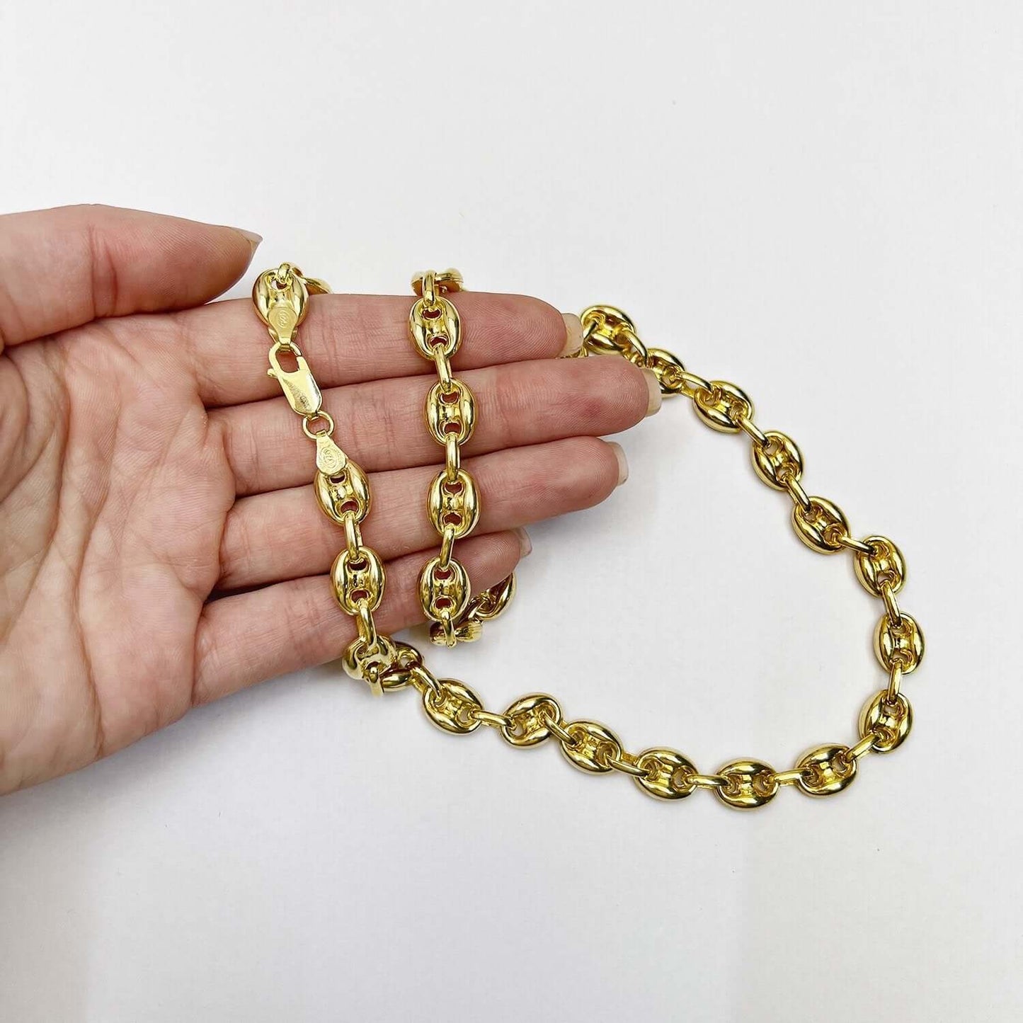 18K Yellow Gold Over Silver 9mm Puffed Anchor Mariner Chain Necklace 16"-24"