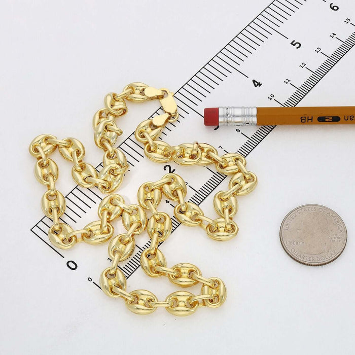 18K Yellow Gold Over Silver 9mm Puffed Anchor Mariner Chain (Solid Links) 16" - 24" - WJD Exclusives