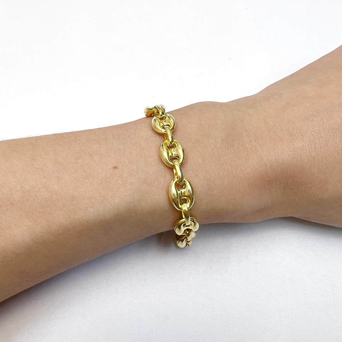 18K Yellow Gold Over Silver 9mm Puffed Anchor Mariner Bracelet (Solid Links) 7.5" - 9.25" - WJD Exclusives