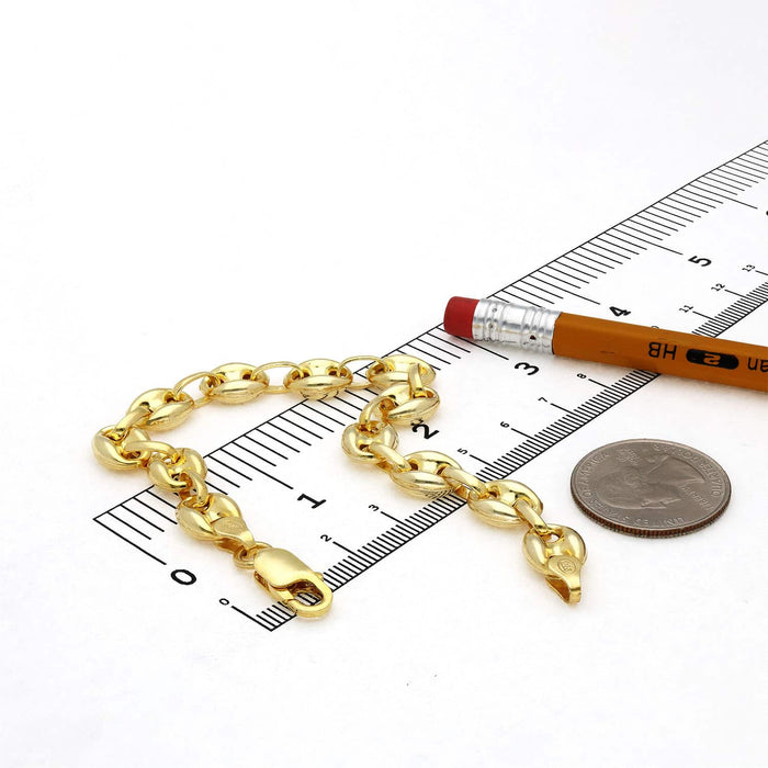 18K Yellow Gold Over Silver 9mm Puffed Anchor Mariner Bracelet (Solid Links) 7.5" - 9.25" - WJD Exclusives