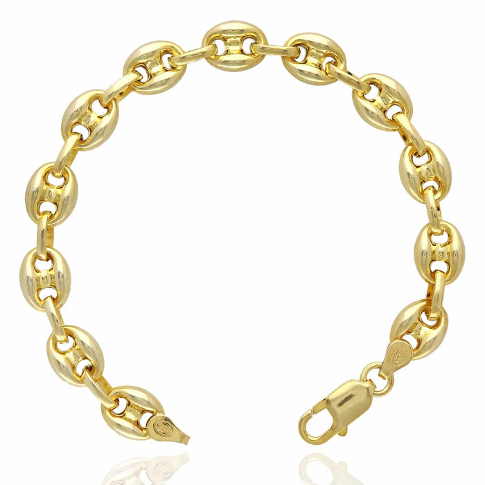 18K Yellow Gold Over Silver 9mm Puffed Anchor Mariner Bracelet (Solid Links) 7.5" - 9.25" - WJD Exclusives