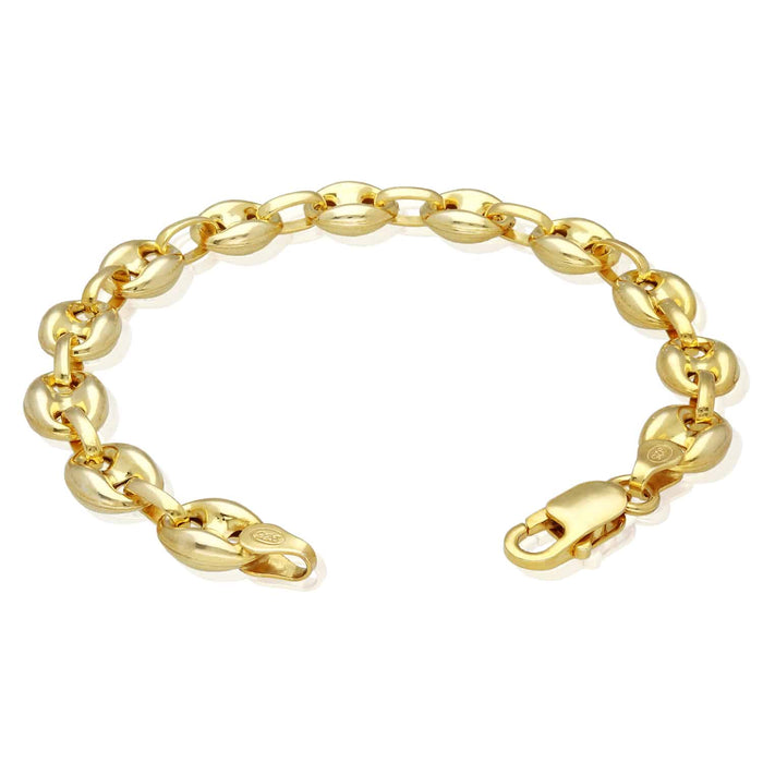 18K Yellow Gold Over Silver 9mm Puffed Anchor Mariner Bracelet (Solid Links) 7.5" - 9.25" - WJD Exclusives
