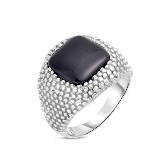 925 Sterling Silver Black Onyx Dotted Pattern Men's Signet Ring