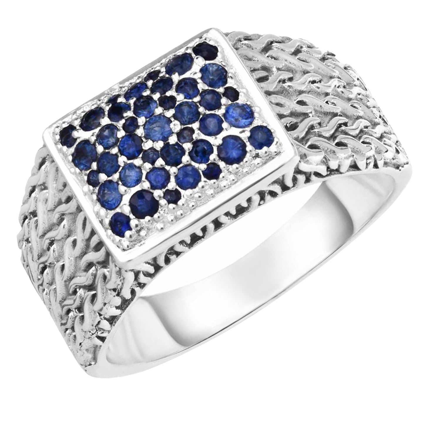 925 Sterling Silver Real Blue Sapphire Woven Signet Ring