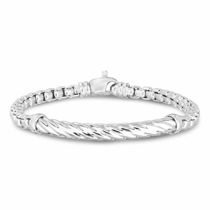 Solid Sterling Silver 5.3mm Italian Cable Bar Round Box Men's Bracelet 8.25"