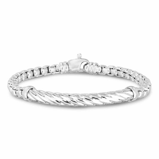 Solid Sterling Silver 5.3mm Italian Cable Bar Round Box Men's Bracelet 8.25"