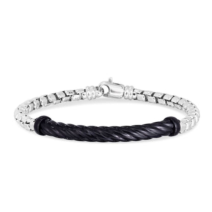 Solid Sterling Silver Italian Cable Black Enameled Men's Bar Bracelet 8.25"