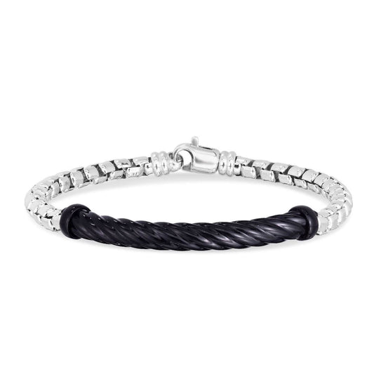 Solid Sterling Silver Italian Cable Black Enameled Men's Bar Bracelet 8.25"