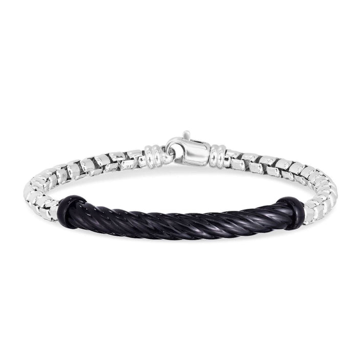 Sterling Silver Italian Cable Black Enamel Bar Bracelet (Solid Links) 8.25" - WJD Exclusives
