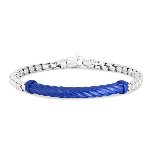 Solid Sterling Silver Italian Cable Blue Enamel Men's Bar Bracelet 8.25"