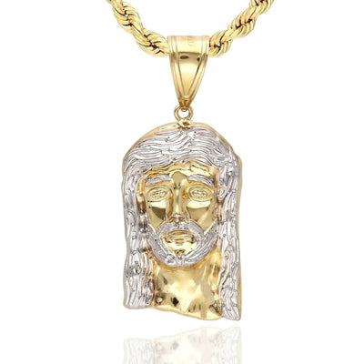 Real 14K Gold Two - Tone Diamond - Cut Jesus Head Pendant 1.1" - 2.7" - WJD Exclusives