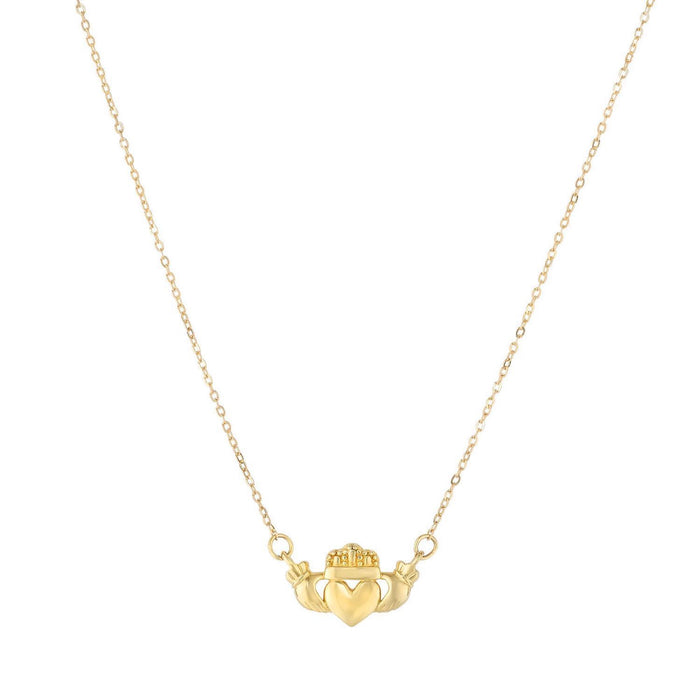 14K Yellow Gold Heart Crown Claddagh Necklace (Solid Links) 17" - WJD Exclusives