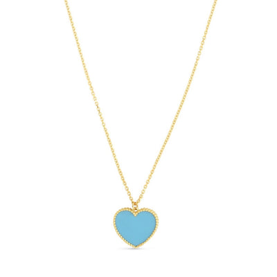 14K Yellow Gold Turquoise Heart Necklace (Hollow) Adjustable 17" - 18" - WJD Exclusives