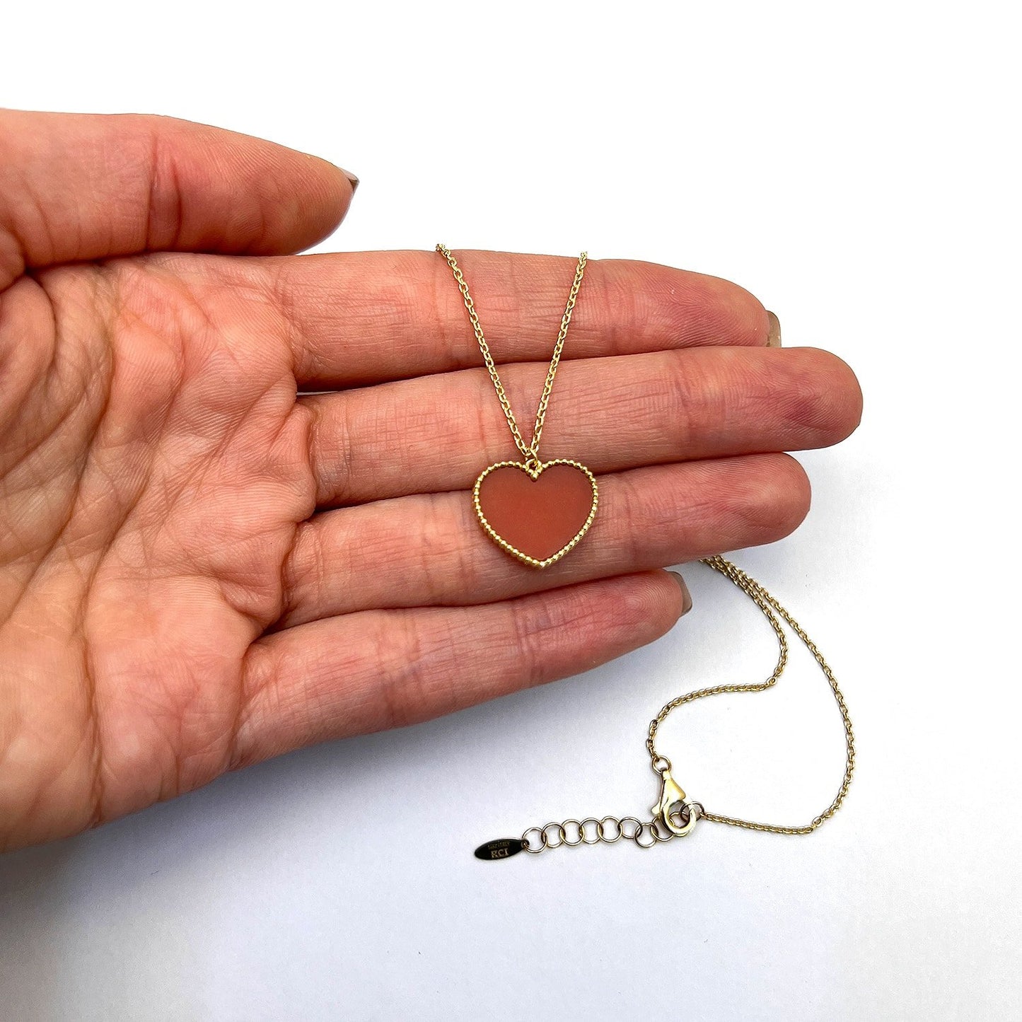 14K Gold Red Carnelian Heart Pendant Necklace 17"-18" Adjustable