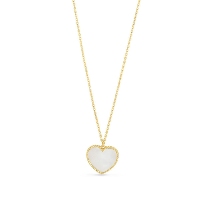 14K Yellow Gold Mother of Pearl Heart Necklace (Hollow) Adjustable 17" - 18" - WJD Exclusives