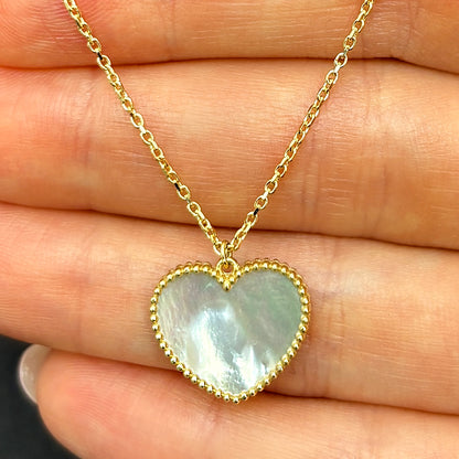 14K Gold Mother Of Pearl Heart Pendant Necklace 17"-18" Adjustable
