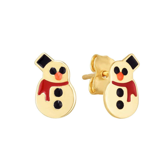 14K Gold Enameled Frosty Snowman Stud Earrings