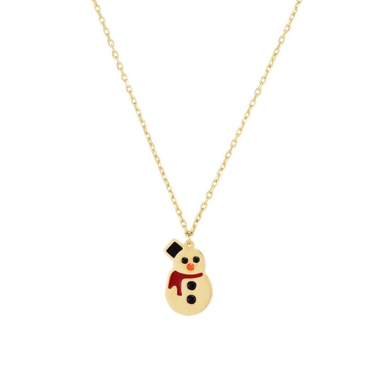 14K Gold Enameled Frosty Snowman Pendant Necklace 14"-18" Adjustable