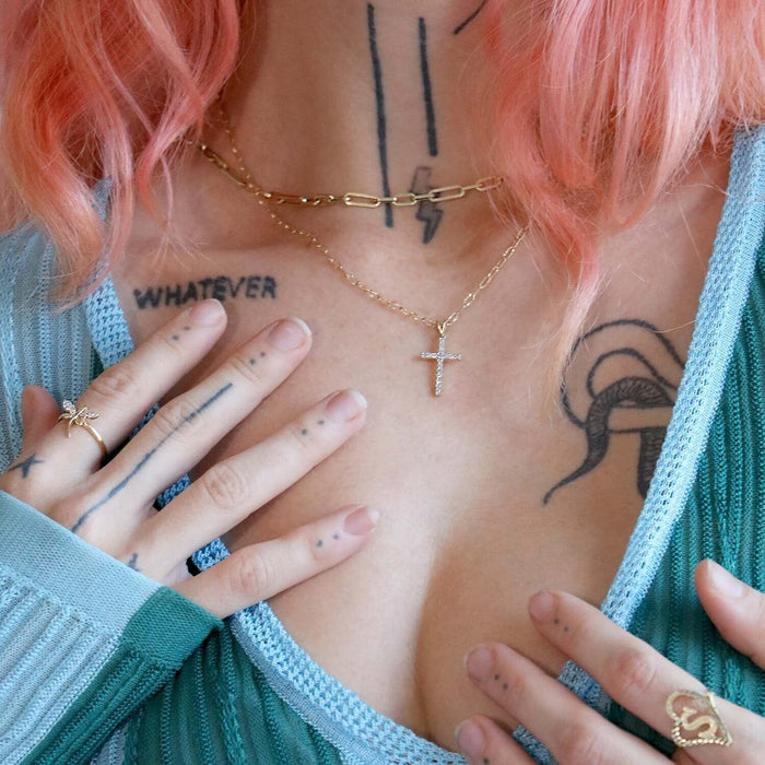 0.25CTW Natural Diamond 14K Yellow Gold White Cross Pendant 1" - WJD Exclusives