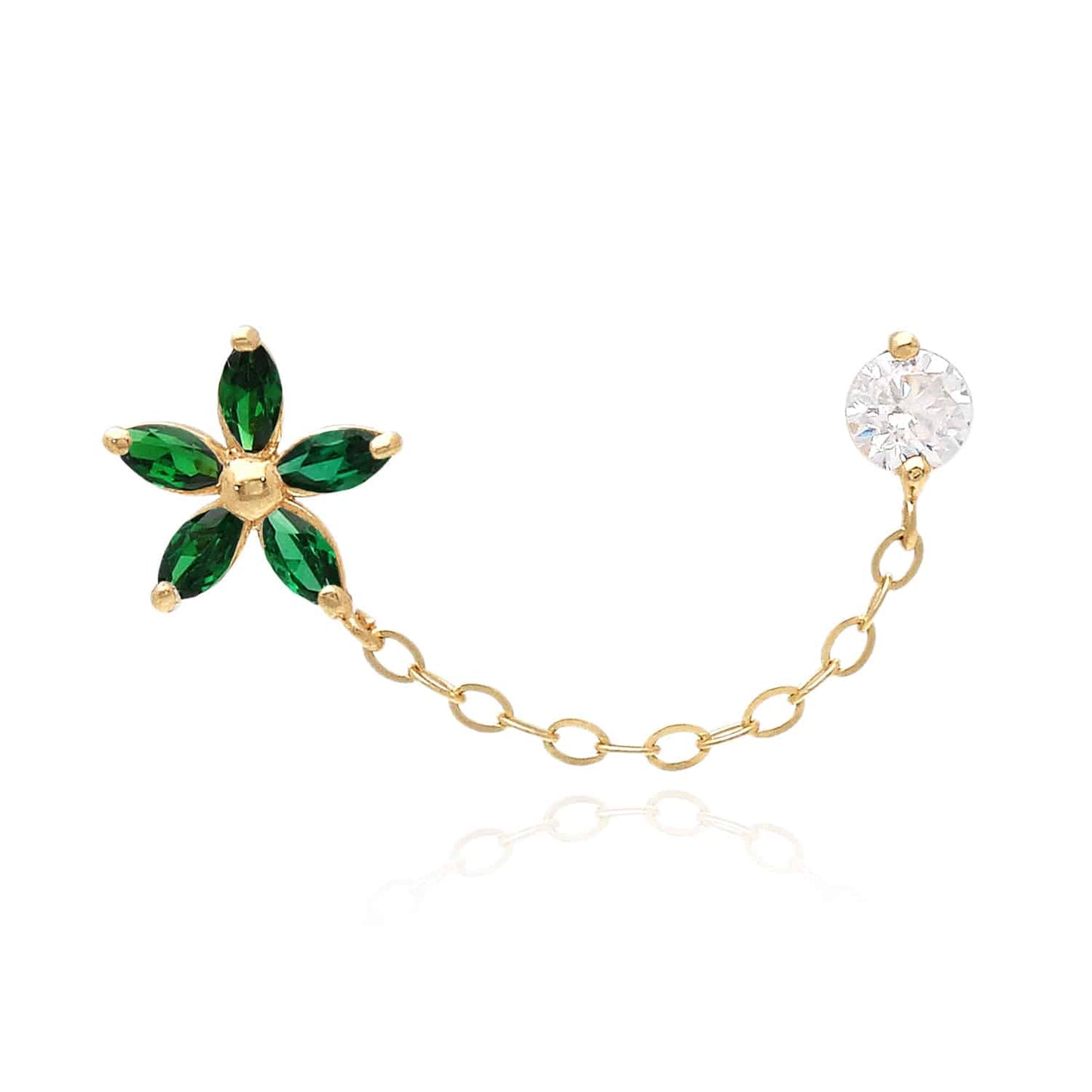 14K Real Gold CZ Flower Stud Double Pierced Earrings