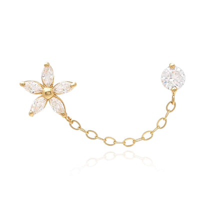 14K Real Gold CZ Flower Stud Double Pierced Earrings