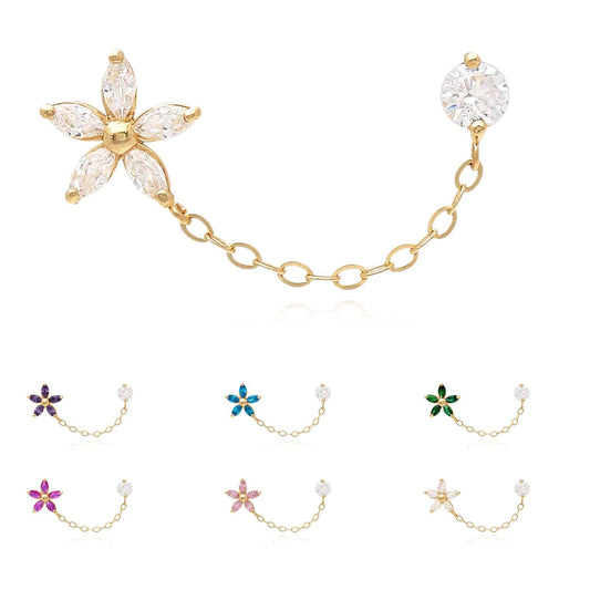 14K Real Gold CZ Flower Stud Double Pierced Earrings