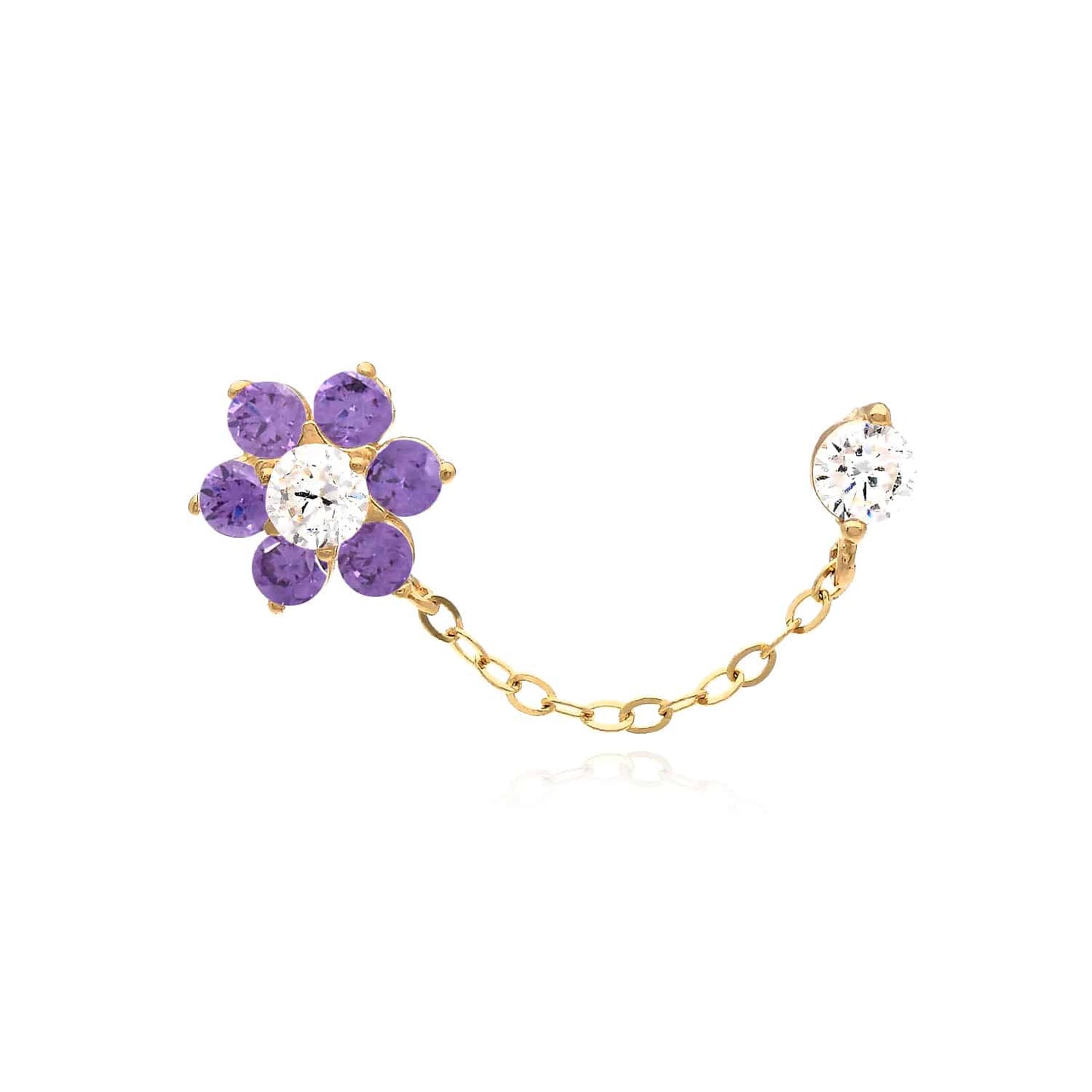 14K Real Gold CZ Double Pierced Flower Stud Earrings